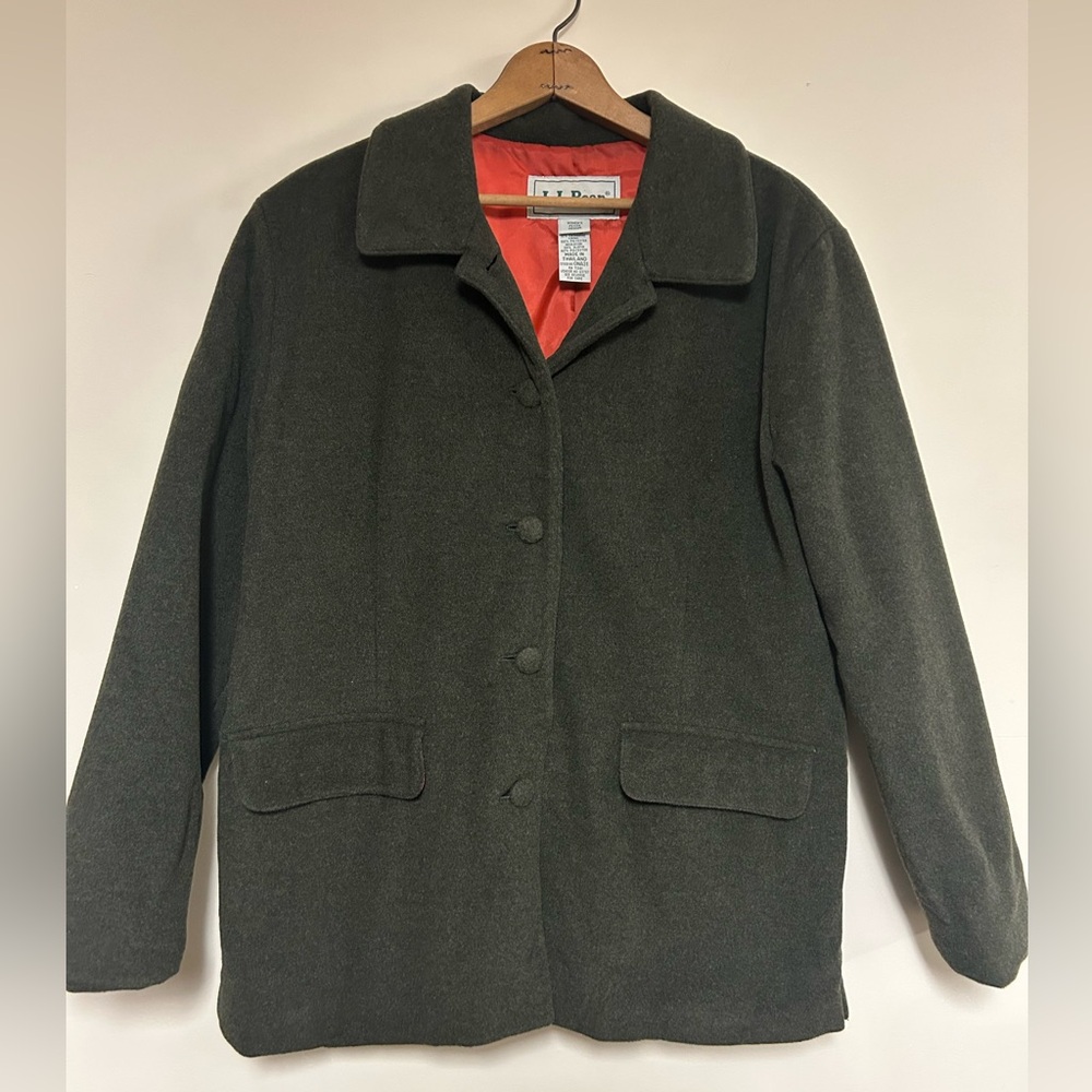 LL Bean Vintage Wool Cashmere Olive Orange Jacket Insulated Size 8P Chore Coat